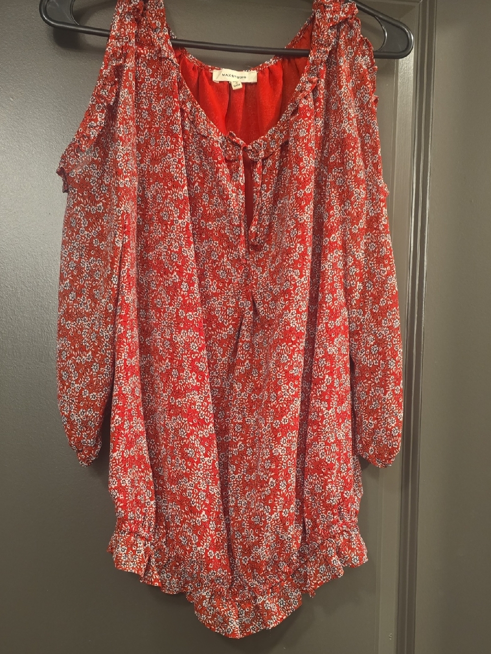 Max Studio Red Floral Tie-Neck Blouse
